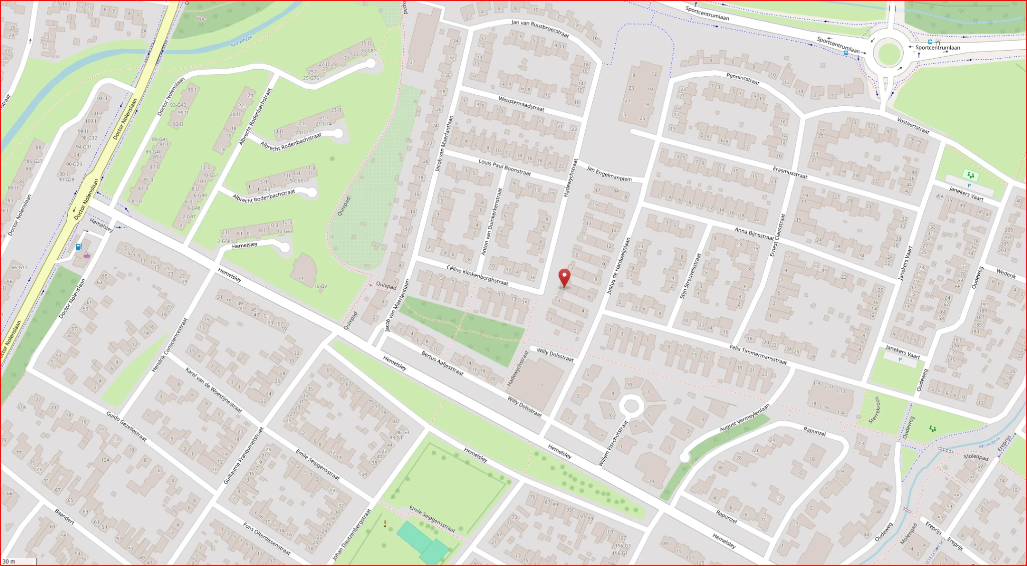 Stratenkaart van Sittard met locatiemarkering bij Dani’s Pedicure aan de Hadewychstraat 5